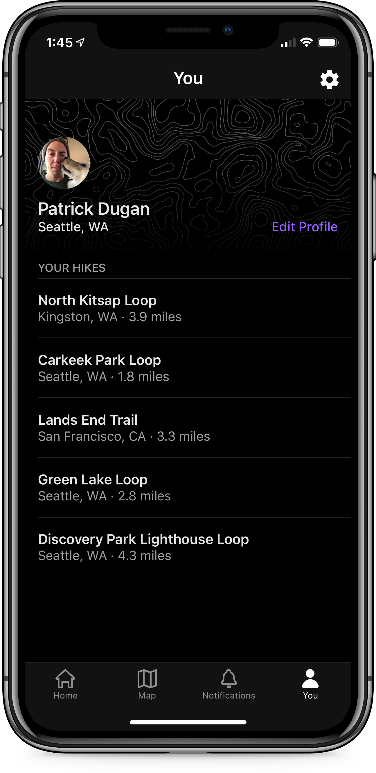 An image of the Hikearound profile screen for iOS as view in dark mode