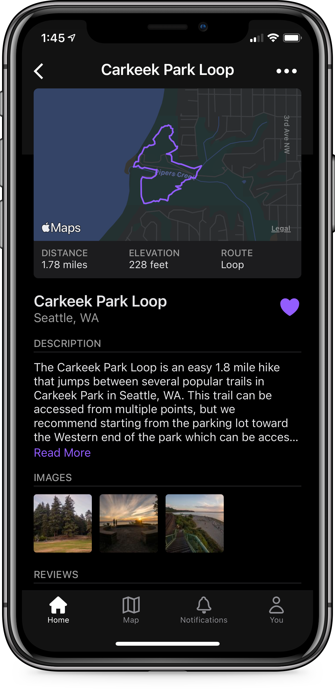 An image of the Hikearound hike screen for iOS as view in dark mode.