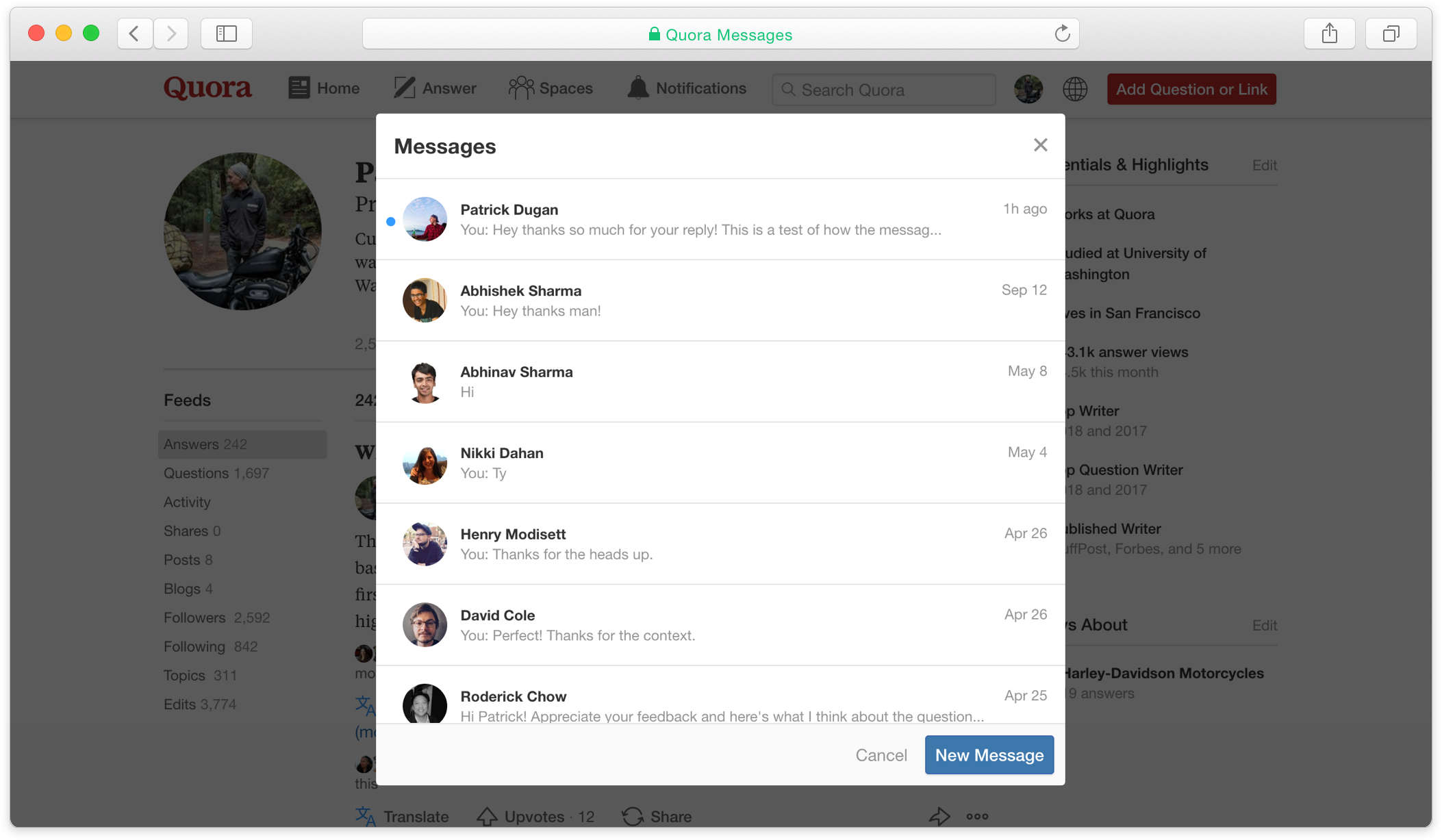 The main screen for Quora Messages on desktop.