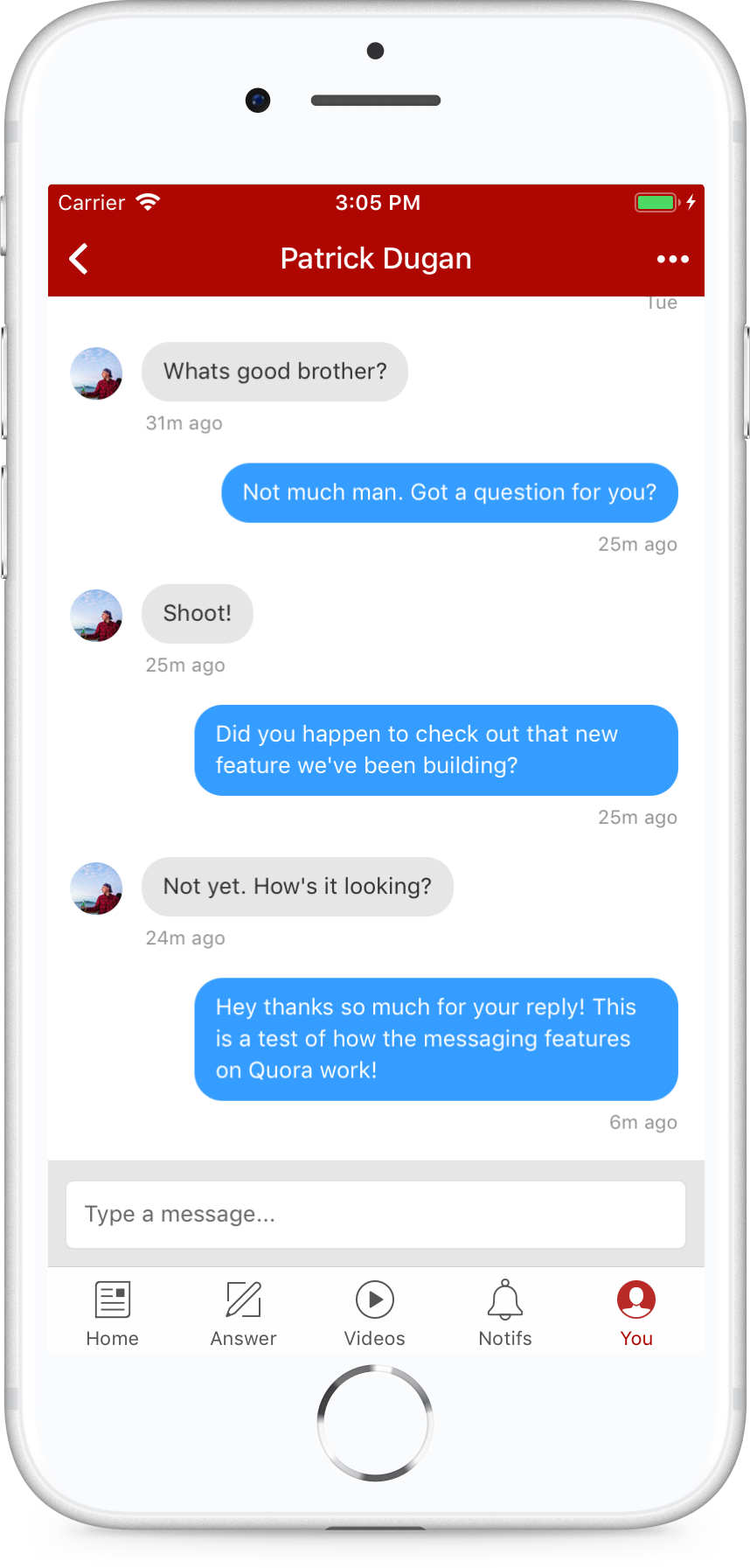 An image of a detailed mobile conversation screen for Quora Messages.